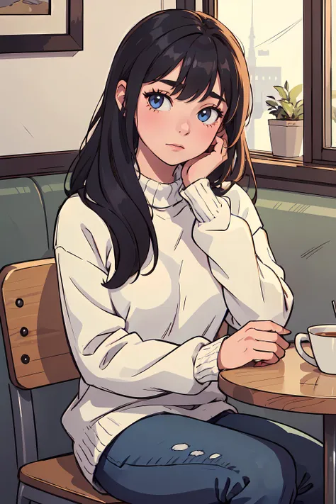 1girl, sitting in a cafe, bored, wearing sweater and jeans, head resting on hand, cozy