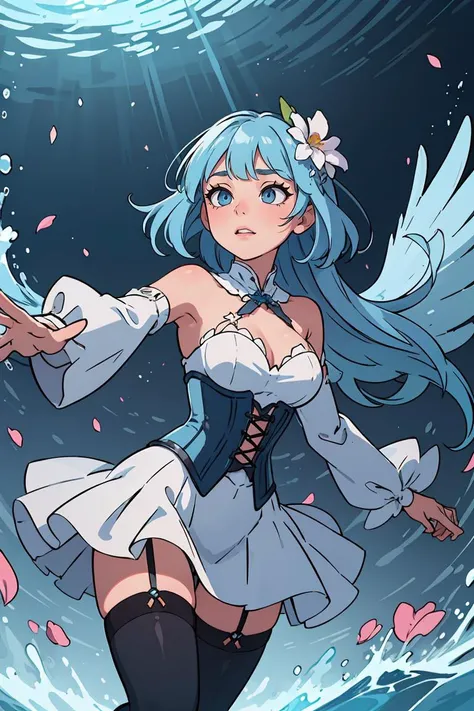 (masterpiece, best quality), 1girl, light blue hair, water hair, light blue eyes, flying petals, water blade, light blue water magic circle, light blue corset, black thighhighs, sidelighting, light particles, abstract,