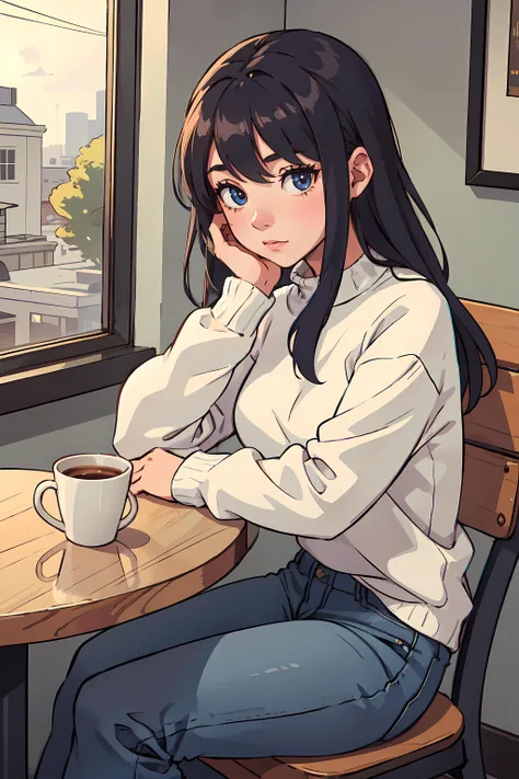 1girl, sitting in a cafe, bored, wearing sweater and jeans, head resting on hand