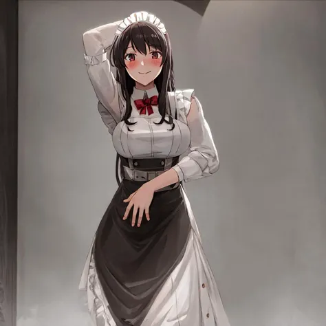 best quality, masterpiece, cowboy shot, looking at viewer, solo, 1girl, eleonore1,1girl, bangs, black_hair, blush, braid, breasts, bush, cleavage, day, earrings, hair_between_eyes, jacket, jewelry, large_breasts, leaning_forward, long_hair, long_sleeves, looking_at_viewer, nature, open_mouth, outdoors,  red_eyes, maid, shirt, sidelocks, skirt, smile, solo, very_long_hair, white_shirt