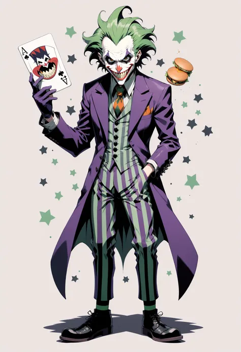 a cartoon character dressed up as a joker, in the style of striped arrangements, punk rock aesthetic, toonami, confessional, mommy's on-the-phonecore, silver and green, mcdonaldpunk, flat color, cel shading, screen print