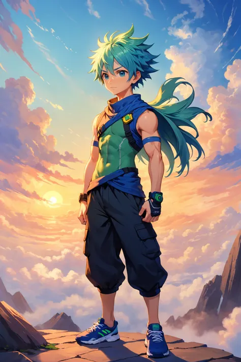 rough digital painting, (full body:1.2), 1boy, man, ruggedly handsome, solo, [:outlandish costume design,:0.2] demolitionist, caucasian, blue-green hair, (muscular:1) build, golden hour, blue sky, clouds, scenery, "at the Surreal lost Sanctum"