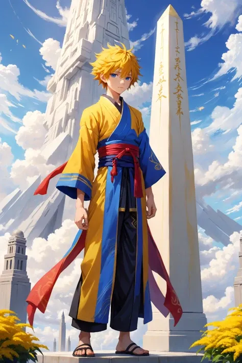 rough digital painting, (full body:1.2), 1boy, man, ruggedly handsome, solo, [:fantastical costume design,:0.2] battlemage, japanese, goldenrod hair, (slim:1.2) build, noon, blue sky, clouds, architecture, "at the Dreamlike final Obelisk"