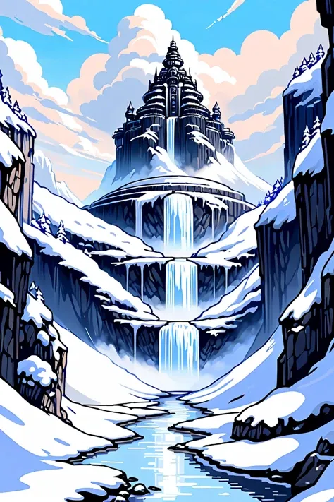 noon, blue sky, clouds, scenery, dieselpunk Winter Hidden paradise waterfall by a planet<lora:EnvyCelShadedXL01:1.25>