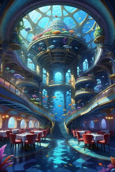 digital painting, exclusive restaurant in a utopian,cheerful fantasy underwater megastructure beyond the end of reality, masterpiece, by Fred Gambino, vibrant colors<lora:EnvyFlourishesXL01:0.5><lora:EnvyHazeSliderXL01:-1>