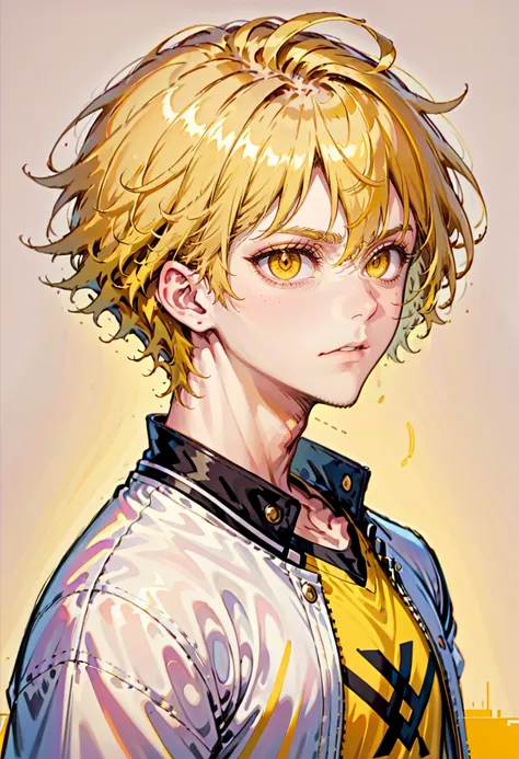 <lora:AgendaMixSDXL:1> AgendaMix Style, 1boy, blonde hair, choker, closed mouth, collar, collared shirt, jacket, looking at viewer, male focus, shirt, short hair, simple background, solo, upper body, white jacket, yellow background, yellow eyes, yellow shirt