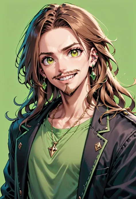 AnidskXL, 1boy, beard, black jacket, brown hair, earrings, facial hair, green background, green shirt, jacket, jewelry, long hair, looking at viewer, male focus, mustache, necklace, open mouth, shirt, simple background, smile, solo, teeth, yellow eyes, <lora:AnimeSDXLv2:0.8>