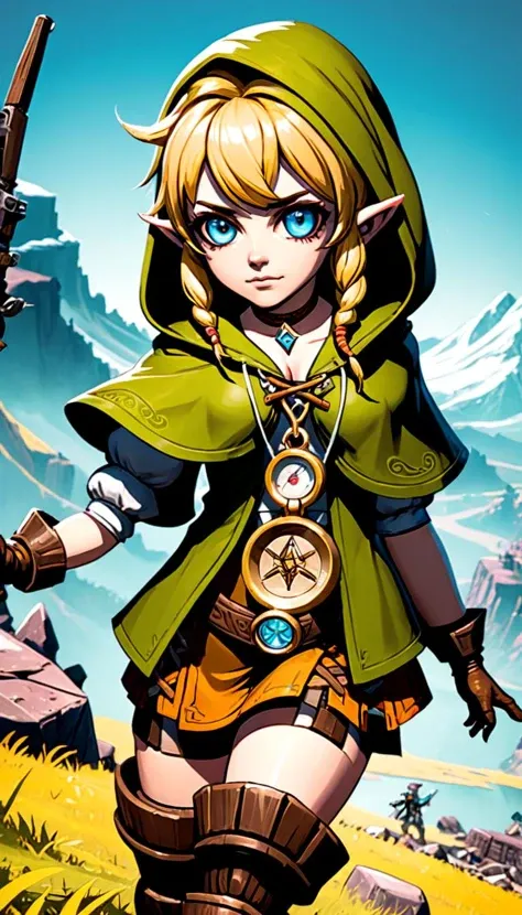 Indie game art,(Linkle, extremely beautiful glowing piercing eyes, cinematic scene, hero view, action pose, scenery, detailed background, vivid, masterpiece, best quality, high quality, absurdres  <lora:linkle_xl_v1:1>), (Vector Art, Borderlands style, Arcane style, Cartoon style), Line art, Disctinct features, Hand drawn, Technical illustration, Graphic design, Vector graphics, High contrast, Precision artwork, Linear compositions, Scalable artwork, Digital art, cinematic sensual, Sharp focus, humorous illustration, big depth of field, Masterpiece, trending on artstation, Vivid colors, trending on ArtStation, trending on CGSociety, Intricate, Low Detail, dramatic