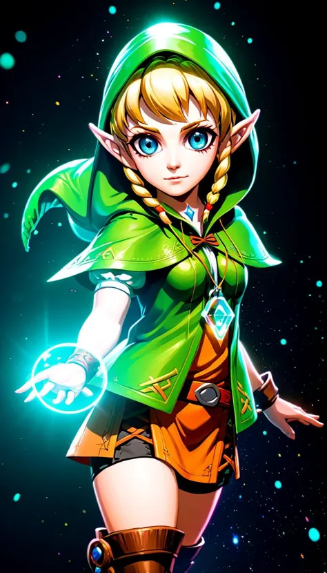 hologram of Linkle, extremely beautiful glowing piercing eyes, cinematic scene, hero view, action pose, scenery, detailed background, vivid, masterpiece, best quality, high quality, absurdres <lora:linkle_xl_v1:1> floating in space, a vibrant digital illustration, dribbble, quantum wavetracing, black background, behance hd