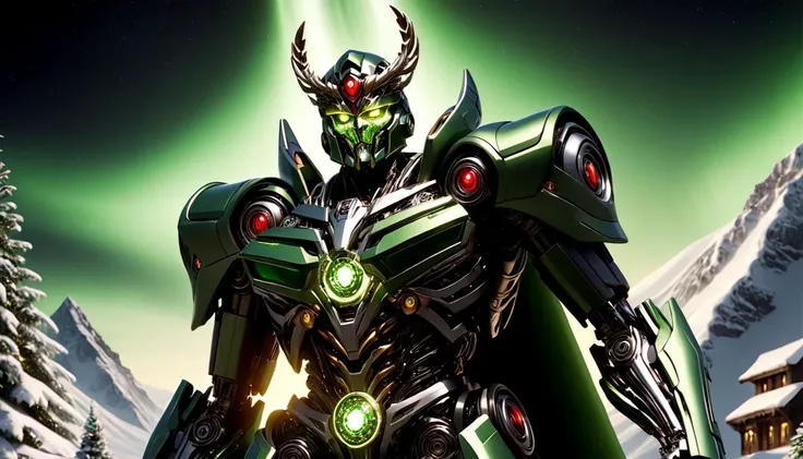 Faction of Artificial intelligence overlord Santas, green style, artificial intelligence, overlord, glowing, augmentation, vivid, extremely beautiful glowing piercing eyes, cinematic scene, scenery, detailed background, masterpiece, best quality, high quality, absurdres, greenteam, TransformersStyle <lora:AI_Overlord_Santas_-_The_Green_Team_LoRA:1> <lora:TransformersStyleXL:1>