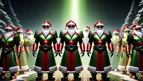Group of artificial intelligence overlord Santas, green style, artificial intelligence, overlord, glowing, augmentation, Santa hats, vivid, extremely beautiful glowing piercing eyes, cinematic scene, scenery, detailed background, masterpiece, best quality, high quality, absurdres, greenteam, TransformersStyle <lora:AI_Overlord_Santas_-_The_Green_Team_LoRA:1> <lora:TransformersStyleXL:1>