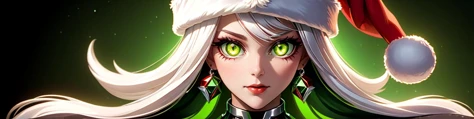 Sexy female AI overlord Santas with Santa hats, green style, artificial intelligence, overlord, superior, rulers, dominance, sexy, athletic, glowing, white hair, vivid, extremely beautiful glowing piercing eyes, cinematic scene, scenery, detailed background, masterpiece, best quality, high quality, absurdres, greenteam, TransformersStyle <lora:AI_Overlord_Santas_-_The_Green_Team_LoRA:0.75> <lora:TransformersStyleXL:0.75>