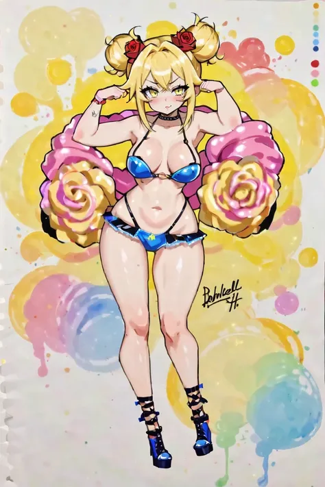 ink and wash, rough ink sketch, full color, watercolor, paper texture, 1girl, woman, (fresh Glam Rock:1.3) catgirl, full body, [:skimpy costume design,:0.2], bombshell hair, yellow hair, Rose Bun, thicc body, wide hips, narrow waist, small breasts, caucasian<lora:EnvyInkAndWashXL01:0.55>