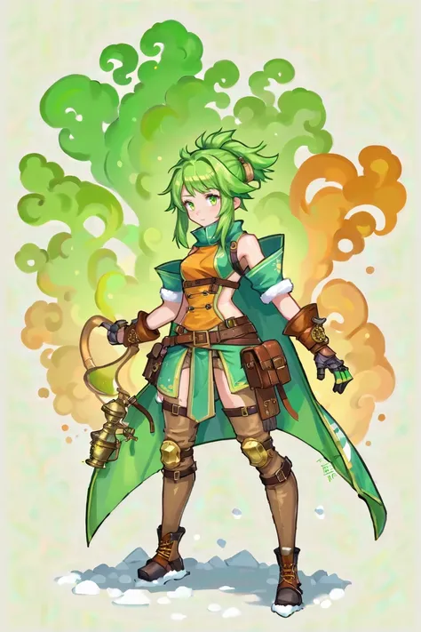 ink and wash, rough ink sketch, full color, watercolor, paper texture, 1girl, woman, rough digital painting, (full body:1.25), 1girl, solo, [:creative costume design,:0.2] ninja, deep snow (steampunk brass gauntlets:1.2), caucasian, bombshell green hair, Pageboy Cut, (average:1.1) build, simple background, moba character concept art, bombshell hair, sparkling neon color:darkolivegreen hair, long hair, toned hourglass figure, caucasian<lora:EnvyInkAndWashXL01:0.55>