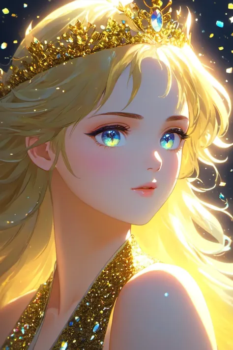 (masterpiece, best quality, ultra-detailed, highres, best illustration, specular highlights), perfect face, ((solo, solo focus)), sidelighting, epic, illustration, render, volumetric lighting, welcoming, see-through gossamer, in Japan, lustrous skin, (bloom), (shine), ray tracing, masterpiece, best quality, official art, ultra detailed, beautiful and aesthetic, High quality, beautiful, masterpiece, best quality, 1girl, half body, sad princess, fantasy, ((painting by wlop)), from artstation, glitter jewelry, glare, Iridescent, Global illumination, real hair movement, realistic light, realistic shadow, sideways glance, ((foreshortening)), soft light, dream light, perfect eyes, background 4k, romantic, high detail, crowns, gold and gems, specular highlights, ultra sharp, extreme light and shadow, (detailed eyes), (beautiful), beautiful detailed eyes, perfect lighting, perfect anatomy, (extremely detailed illustrated 8k wallpaper), (masterpiece), (best quality), (ultra-detailed), (best illustration), (best shadow), (fantasy:1.4), vivid colors