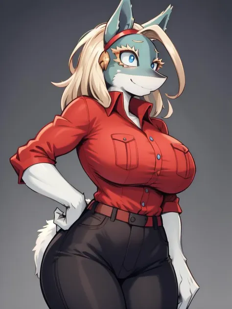 RAW photo, (high detailed skin, detailed eyes:1.1), intricate details, best quality, 8k uhd, 1girl, solo, furry, ippanjosei, large breasts, two-tone fur, red shirt, collared shirt, black pants, standing, wide hips, blue eyes, shirt tucked in, light smile, <lora:ippanjosei:1>