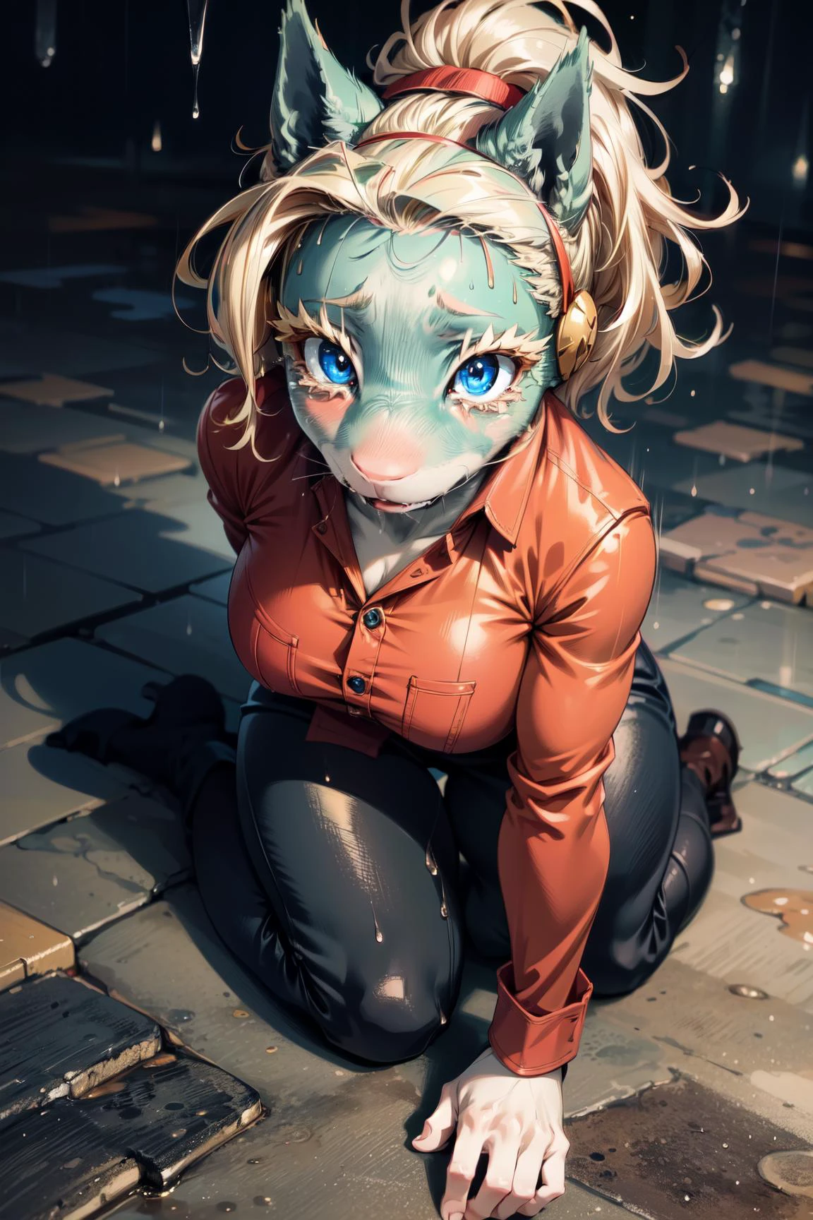 1girl,ippanjosei,blonde hair,short hair,blue eyes,furry,(furr),furr skin,furry skin,red shirt,black pants,surprised face,shocked expression,(teary eyes:1.3),teary,,crying,sit on floor,(raining:1.2),(heavy rain:1.2),wet floor,wet,wet clothes,(from above),masterpiece,extremely detailed CG unity 8k wallpaper, best quality,32k,focus sharp, <lora:ippanjosei-07:1>, <lora:add_detail:1>,