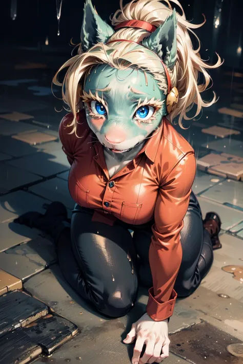 1girl,ippanjosei,blonde hair,short hair,blue eyes,furry,(furr),furr skin,furry skin,red shirt,black pants,surprised face,shocked expression,(teary eyes:1.3),teary,,crying,sit on floor,(raining:1.2),(heavy rain:1.2),wet floor,wet,wet clothes,(from above),masterpiece,extremely detailed CG unity 8k wallpaper, best quality,32k,focus sharp,  <lora:ippanjosei-07:1>, <lora:add_detail:1>,