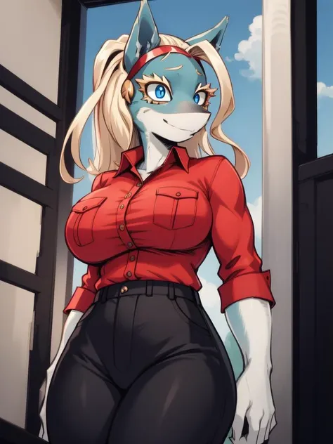 RAW photo, (high detailed skin, detailed eyes:1.1), intricate details, best quality, 8k uhd, 1girl, solo, furry, ippanjosei, large breasts, two-tone fur, red shirt, collared shirt, black pants, standing, wide hips, blue eyes, shirt tucked in, light smile, <lora:ippanjosei:1>