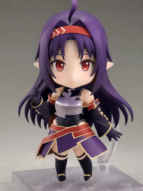 masterpiece, best quality, 1girl, solo, yuukibase, purple hair, long hair, ahoge, red eyes, pointy ears, hairband, armor, breastplate, detached sleeves, leotard, purple skirt, bare shoulders, gloves, standing, full body, chibi, nendoroid, pvc
<lyco:dsyuuki_lc_768:1> <lyco:PVC_lc:1>