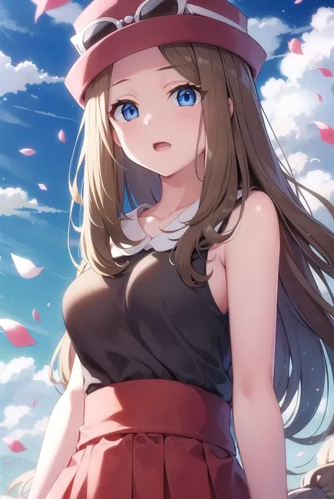 pokemonserena, <lora:pokemon serena-lora-nochekaiser:1>,
serena, long hair, blue eyes, brown hair,
BREAK eyewear on head, hat, skirt, sunglasses, shirt, black shirt, sleeveless, red skirt, pink hat,
BREAK outdoors, nature, forest, grass, sky, sun, clouds,
BREAK looking at viewer,
BREAK <lyco:GoodHands-beta2:1>, (masterpiece:1.2), best quality, high resolution, unity 8k wallpaper, (illustration:0.8), (beautiful detailed eyes:1.6), extremely detailed face, perfect lighting, extremely detailed CG, (perfect hands, perfect anatomy),