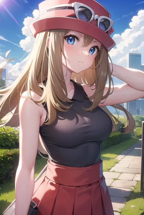 pokemonserena, <lora:pokemon serena-lora-nochekaiser:1>,
serena, long hair, blue eyes, brown hair,
BREAK eyewear on head, hat, skirt, sunglasses, shirt, black shirt, sleeveless, red skirt, pink hat,
BREAK outdoors, nature, forest, grass, sky, sun, clouds,
BREAK looking at viewer,
BREAK <lyco:GoodHands-beta2:1>, (masterpiece:1.2), best quality, high resolution, unity 8k wallpaper, (illustration:0.8), (beautiful detailed eyes:1.6), extremely detailed face, perfect lighting, extremely detailed CG, (perfect hands, perfect anatomy),