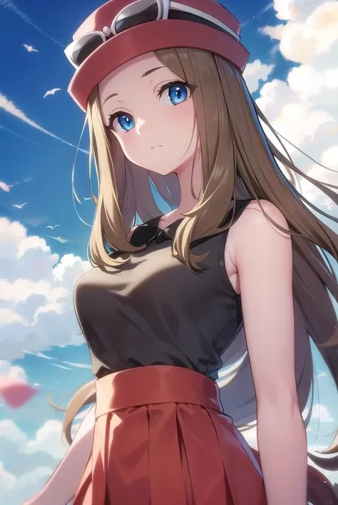 pokemonserena, <lora:pokemon serena-lora-nochekaiser:1>,
serena, long hair, blue eyes, brown hair,
BREAK eyewear on head, hat, skirt, sunglasses, shirt, black shirt, sleeveless, red skirt, pink hat,
BREAK outdoors, nature, forest, grass, sky, sun, clouds,
BREAK looking at viewer,
BREAK <lyco:GoodHands-beta2:1>, (masterpiece:1.2), best quality, high resolution, unity 8k wallpaper, (illustration:0.8), (beautiful detailed eyes:1.6), extremely detailed face, perfect lighting, extremely detailed CG, (perfect hands, perfect anatomy),