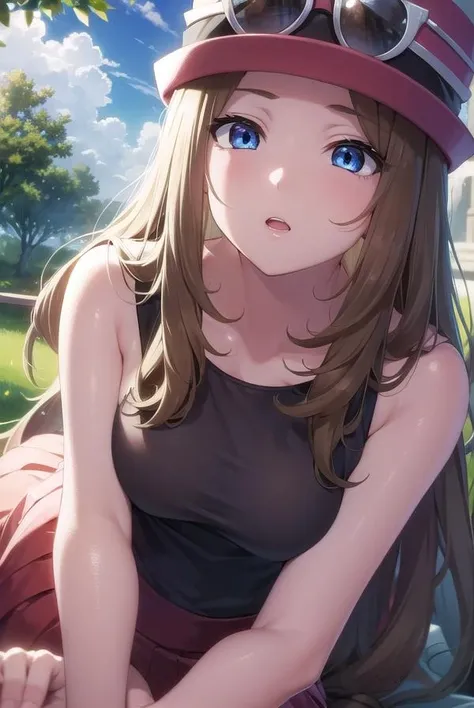pokemonserena, <lora:pokemon serena-lora-nochekaiser:1>,
serena, long hair, blue eyes, brown hair,
BREAK eyewear on head, hat, skirt, sunglasses, shirt, black shirt, sleeveless, red skirt, pink hat,
BREAK outdoors, nature, forest, grass, sky, sun, clouds,
BREAK looking at viewer,
BREAK <lyco:GoodHands-beta2:1>, (masterpiece:1.2), best quality, high resolution, unity 8k wallpaper, (illustration:0.8), (beautiful detailed eyes:1.6), extremely detailed face, perfect lighting, extremely detailed CG, (perfect hands, perfect anatomy),