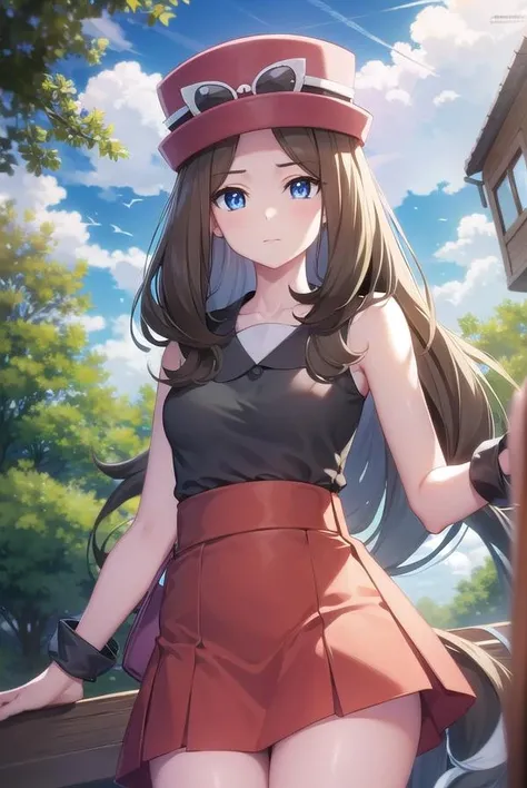pokemonserena, <lora:pokemon serena-lora-nochekaiser:1>,
serena, long hair, blue eyes, brown hair,
BREAK eyewear on head, hat, skirt, sunglasses, shirt, black shirt, sleeveless, red skirt, pink hat,
BREAK outdoors, nature, forest, grass, sky, sun, clouds,
BREAK looking at viewer,
BREAK <lyco:GoodHands-beta2:1>, (masterpiece:1.2), best quality, high resolution, unity 8k wallpaper, (illustration:0.8), (beautiful detailed eyes:1.6), extremely detailed face, perfect lighting, extremely detailed CG, (perfect hands, perfect anatomy),