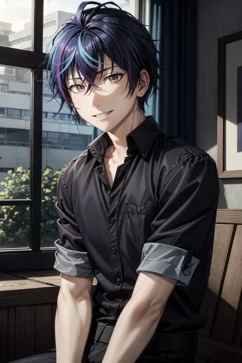 satomi rentaro\(black bullet\), solo, 1boy, looking at viewer, male focus, upper body, brown eyes, blue hair, hair between eyes, multicolored hair, two-tone hair, bangs, purple hair, smile, shirt, black pants, indoors
