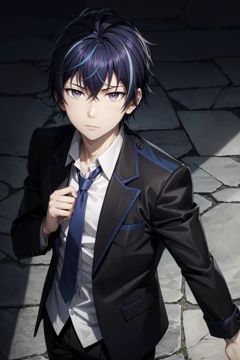 satomi rentaro\(black bullet\), solo, 1boy, looking at viewer, male focus, brown eyes, blue hair, multicolored hair, two-tone hair, purple hair, collared shirt, black jacket, white shirt, school uniform, blue necktie
