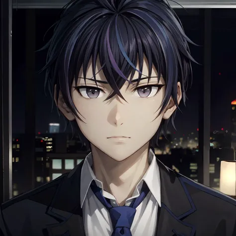 satomi rentaro\(black bullet\), solo, 1boy, looking at viewer, male focus, upper body, brown eyes, blue hair, hair between eyes, multicolored hair, two-tone hair, bangs, purple hair, blue necktie, close-up