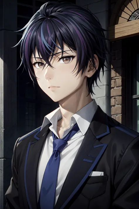 satomi rentaro\(black bullet\), solo, 1boy, looking at viewer, male focus, upper body, brown eyes, blue hair, hair between eyes, multicolored hair, two-tone hair, bangs, purple hair, blue necktie