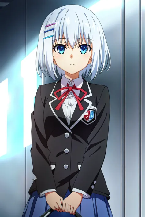 (extremely detailed CG unity 4k wallpaper),(masterpiece),(best quality),(ultra-detailed),(best illustration),(best shadow),(absurdres),(detailed background) <lora:OGT_Origami_Tobiichi-v1:1> Origami Tobiichi, 1girl, school uniform, solo, blue eyes, short hair, hair ornament, hairclip, jacket, black blazer, ribbon