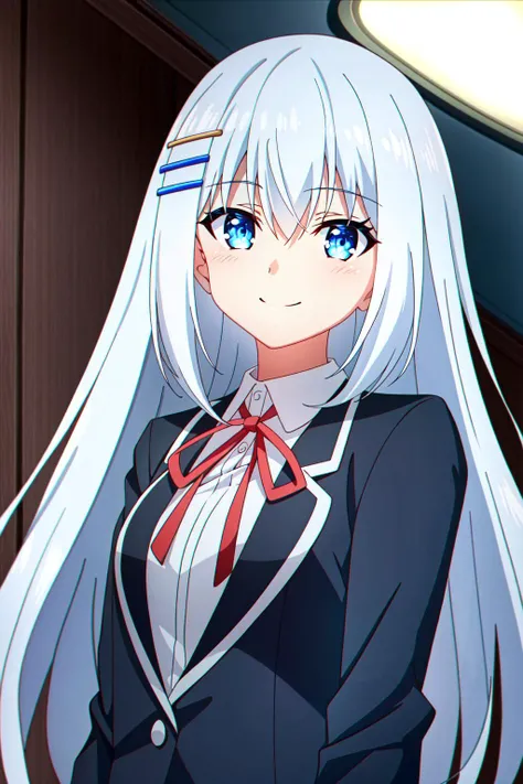 (extremely detailed CG unity 4k wallpaper),(masterpiece),(best quality),(ultra-detailed),(best illustration),(best shadow),(absurdres),(detailed background) <lora:OGT_Origami_Tobiichi-v1:0.7> Origami Tobiichi, 1girl, solo, blue eyes, very long hair, hair ornament, hairclip, shirt, blue jacket, white shirt, blue ribbon, ribbon, jacket, upper body, white hair, hair between eyes, closed mouth, bangs, neck ribbon, smile