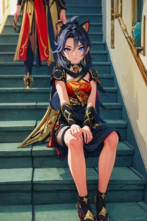 masterpiece,best quality,incredibly absurdres,official art,dehya\(genshin impact\),sitting on stairs,depth of field, nice hands <lora:GoodHands-vanilla:1> <lyco:dehya-loha:0.7>