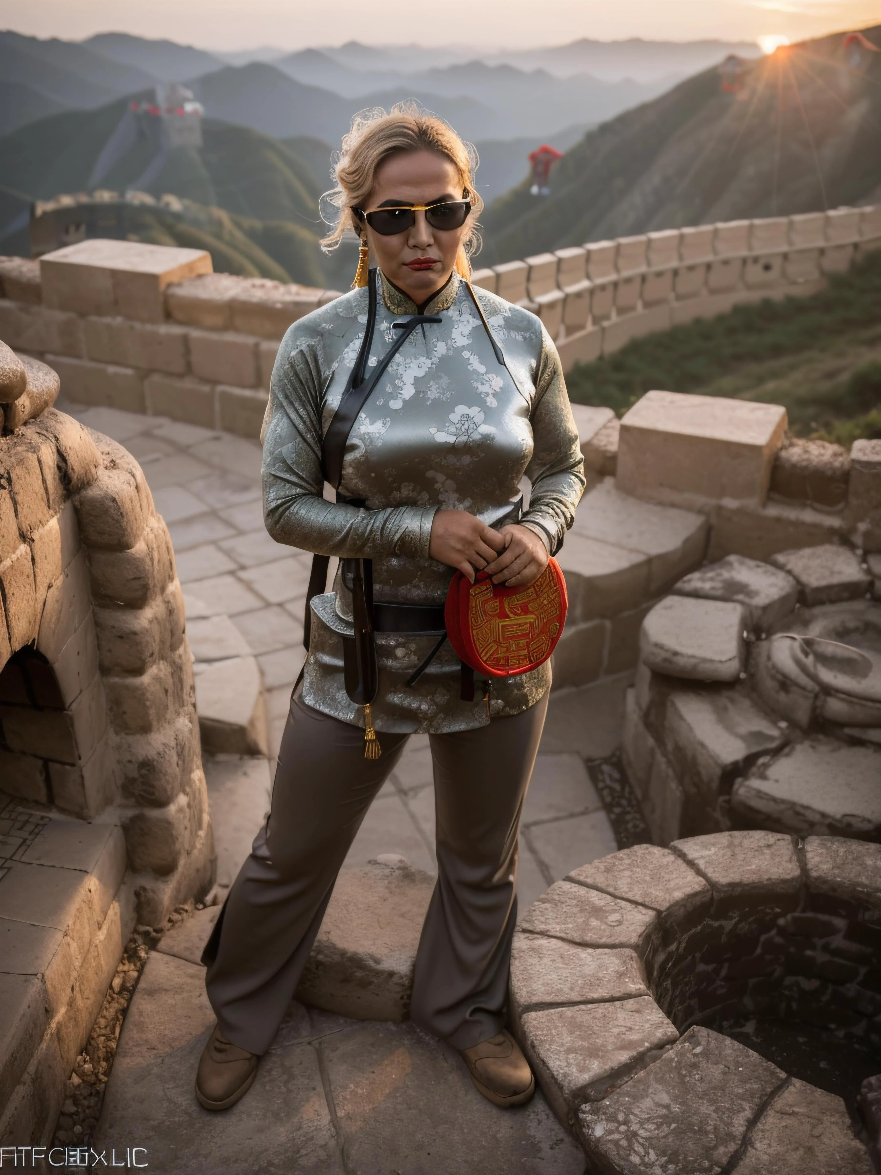 cinematic film still of Raw photo of (((a Turkish baker sliding flat bread into a traditional stone oven), Establishing shot (full body shot:1.4), ((thick Eyebrow, eyebrow-sharpe s-sharpe, eyebrow-color brown)), wearing Post-apocalyptic, shabby Survivalist Ensemble: Camouflage jacket, green turtleneck sweater, brown cargo pants, sturdy hiking boots, utility belt with tools, compact crossbody bag, fingerless gloves, protective goggles. with Swinging a Lead Pipe, after rain,sunset,golden hour,summer )),(natural skin texture:1.2),(high detailed skin:1.2), 8k uhd, dslr, soft lighting, high quality, film grain, Fujifilm XT3, BREAK, ((appearance:girl old woman and (China, skin color Fair:1.6) and (Oblong Face, Round Eyes, [eye color amber], Nose with an Arched Bridge Shape, thin lips, round cheeks, square chin) and (Sagging, blonde, elastic breasts) and random hairstyle)), heavy slut makeup,heavy slut blusher, heavy slut eye shadow,heavy slut eyeliner,heavy slut mascara, heavy slutlip liner, red lipstick, ((ultra realistic, extremely fine details, natural skin texture)), extremely detailed eyes lips nose, shallow depth of field, vignette, highly detailed, high budget, bokeh, cinemascope, moody, epic, gorgeous, film grain, grainy<lora:chilloutNsfwFix_v1:1>