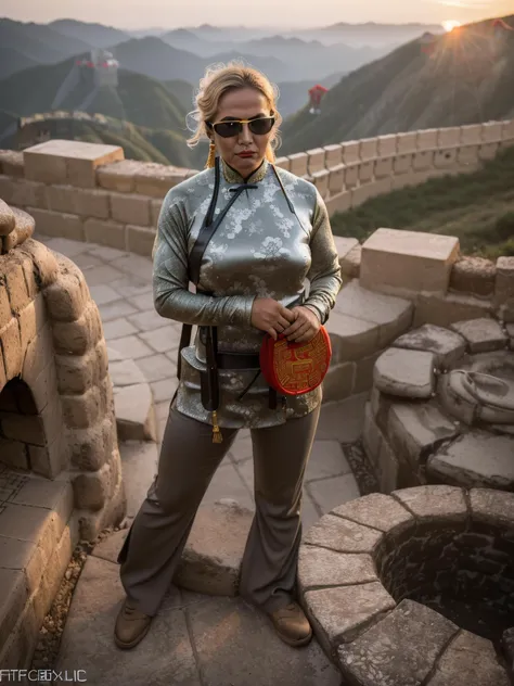 cinematic film still of Raw photo of (((a Turkish baker sliding flat bread into a traditional stone oven), Establishing shot (full body shot:1.4), ((thick Eyebrow, eyebrow-sharpe s-sharpe, eyebrow-color brown)), wearing Post-apocalyptic, shabby Survivalist Ensemble: Camouflage jacket, green turtleneck sweater, brown cargo pants, sturdy hiking boots, utility belt with tools, compact crossbody bag, fingerless gloves, protective goggles. with Swinging a Lead Pipe, after rain,sunset,golden hour,summer )),(natural skin texture:1.2),(high detailed skin:1.2), 8k uhd, dslr, soft lighting, high quality, film grain, Fujifilm XT3, BREAK, ((appearance:girl old woman and (China, skin color Fair:1.6) and (Oblong Face, Round Eyes, [eye color amber], Nose with an Arched Bridge Shape, thin lips, round cheeks, square chin) and (Sagging, blonde, elastic breasts) and random hairstyle)), heavy slut makeup,heavy slut blusher, heavy slut eye shadow,heavy slut eyeliner,heavy slut mascara, heavy slutlip liner, red lipstick, ((ultra realistic, extremely fine details, natural skin texture)), extremely detailed eyes lips nose, shallow depth of field, vignette, highly detailed, high budget, bokeh, cinemascope, moody, epic, gorgeous, film grain, grainy<lora:chilloutNsfwFix_v1:1>