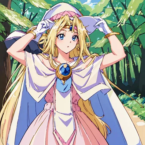 <lora:Filia_Ul_Copt:1>outdoor,forest,Masterpeace,high quality,Filia_Ul_Copt, 1girl,solo, long hair, blonde hair, pink dress, jewelry, white cape,blue eyes, brooch,gold circlet,white hat
