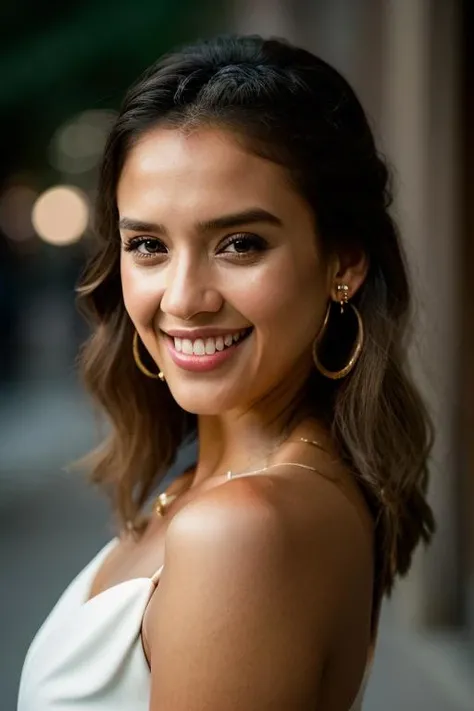 Realistic photo of a beautiful j3ss1c44-v2 woman,1girl, solo, looking at viewer, smile, brown hair, brown eyes, jewelry, upper body, earrings, teeth, grin, lips, realistic, soft lighting, professional Photography, Photorealistic, detailed, RAW, analog, sharp focus, 8k, HD, DSLR, high quality, Fujifilm XT3, film grain, award winning, masterpiece<lora:j3ss1c44-v2:1.0>