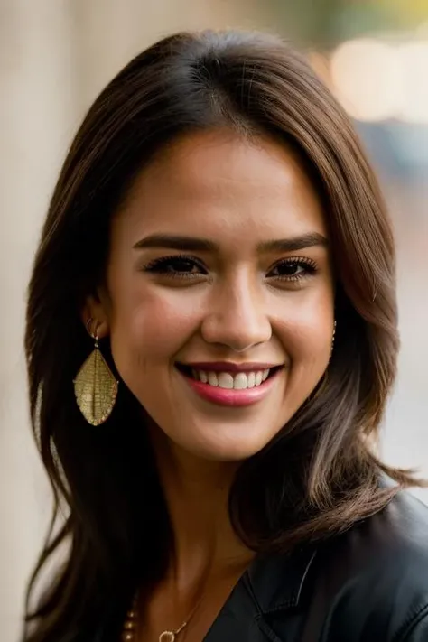 Realistic photo of a beautiful j3ss1c44-v2 woman,1girl, solo, looking at viewer, smile, brown hair, brown eyes, jewelry, upper body, earrings, teeth, grin, lips, realistic, soft lighting, professional Photography, Photorealistic, detailed, RAW, analog, sharp focus, 8k, HD, DSLR, high quality, Fujifilm XT3, film grain, award winning, masterpiece<lora:j3ss1c44-v2:1.0>