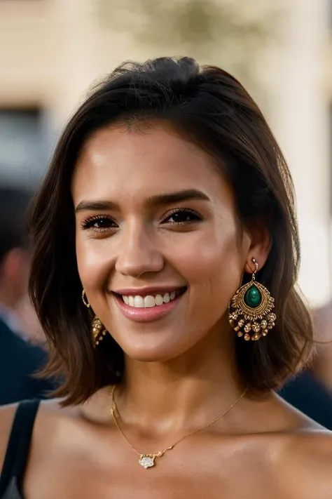 Realistic photo of a beautiful j3ss1c44-v2 woman, 1girl, solo, long hair, looking at viewer, smile, brown hair, bare shoulders, brown eyes, jewelry, collarbone, earrings, teeth, grin, lips, realistic, nose, soft lighting, professional Photography, Photorealistic, detailed, RAW, analog, sharp focus, 8k, HD, DSLR, high quality, Fujifilm XT3, film grain, award winning, masterpiece<lora:j3ss1c44-v2:1.0>