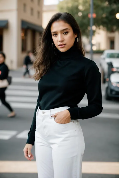 Realistic photo of a beautiful j3ss1c44-v2 woman, 1girl, long hair, breasts, brown hair, shirt, long sleeves, brown eyes, jewelry, standing, outdoors, solo focus, pants, blurry, sweater, lips, hand on hip, looking to the side, black shirt, depth of field, blurry background, turtleneck, ring, denim, jeans, realistic, black sweater, soft lighting, professional Photography, Photorealistic, detailed, RAW, analog, sharp focus, 8k, HD, DSLR, high quality, Fujifilm XT3, film grain, award winning, masterpiece<lora:j3ss1c44-v2:1.0><lora:j3ss1c44-v2:1.0><lora:j3ss1c44-v2:1.0>