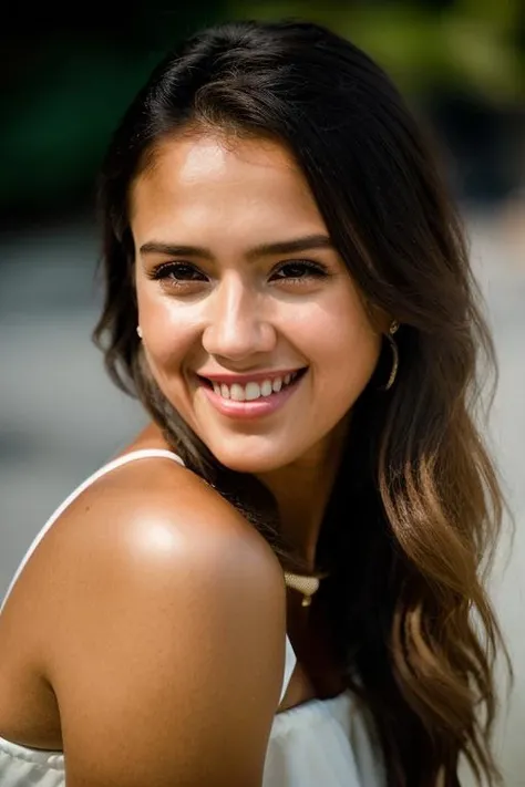 Realistic photo of a beautiful j3ss1c44-v2 woman, 1girl, solo, long hair, looking at viewer, smile, brown hair, bare shoulders, brown eyes, upper body, teeth, grin, lips, realistic, soft lighting, professional Photography, Photorealistic, detailed, RAW, analog, sharp focus, 8k, HD, DSLR, high quality, Fujifilm XT3, film grain, award winning, masterpiece<lora:j3ss1c44-v2:1.0>