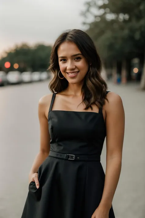 Realistic photo of a beautiful j3ss1c44-v2 woman,  1girl, solo, long hair, breasts, looking at viewer, smile, simple background, brown hair, dress, bare shoulders, brown eyes, pants, grey background, black dress, lips, hand on hip, black pants, contrapposto, realistic, soft lighting, professional Photography, Photorealistic, detailed, RAW, analog, sharp focus, 8k, HD, DSLR, high quality, Fujifilm XT3, film grain, award winning, masterpiece<lora:j3ss1c44-v2:1.0><lora:j3ss1c44-v2:1.0>