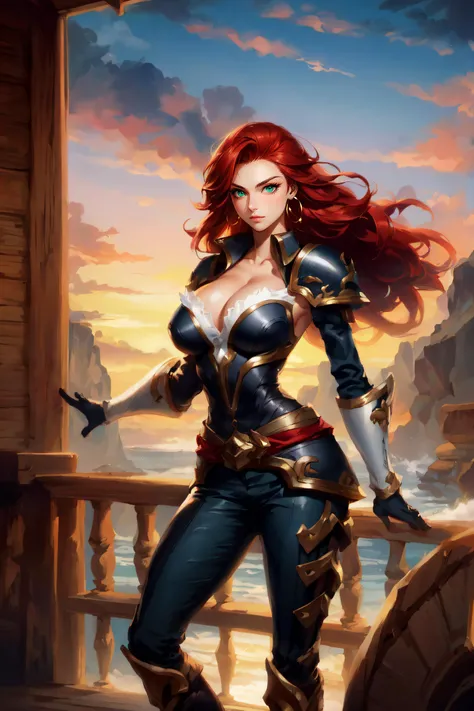 ((4K,work of art,best qualityer)), 1womanl, (miss fortune league of legends), russet hair, defined body, blue colored eyes