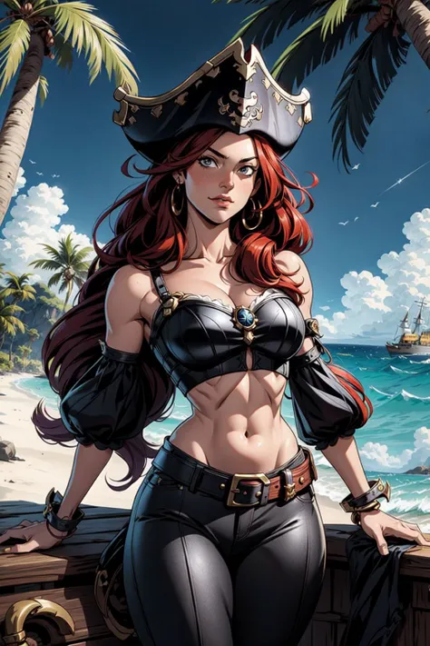 Beautiful, muscular red-haired woman, pirate clothes, pirate hat, in the style of Zelda botw,