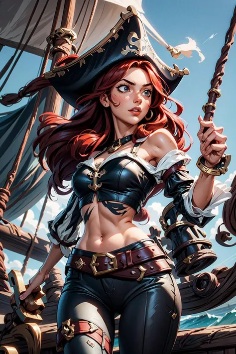thick outlines, comics, photorealistic, masterpiece:1.2, 1girl, solo, medium breasts, pirate pistols, <lora:miss:0.6>, missfortune, long hair, red hair, pirate hat, crop top, detached sleeves, bare shoulders, black pants, belt, on a pirate ship, island port, sunny, detailed background, detailed face, detailed eyes, <lora:add_detail:0.7>