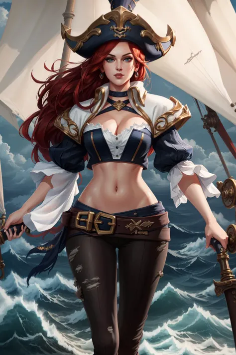 ((best quality)), ((masterpiece)), ((realistic)), (detailed), highly detailed skin, 1girl, miss fortune, navel, midrift, <lora:missFortuneLeagueOf_10:0.7>, stunning gradient colors, no watermark signature, detailed background, pirate ship, ocean, insanely detailed, , ((masterpiece)), absurdres, HDR