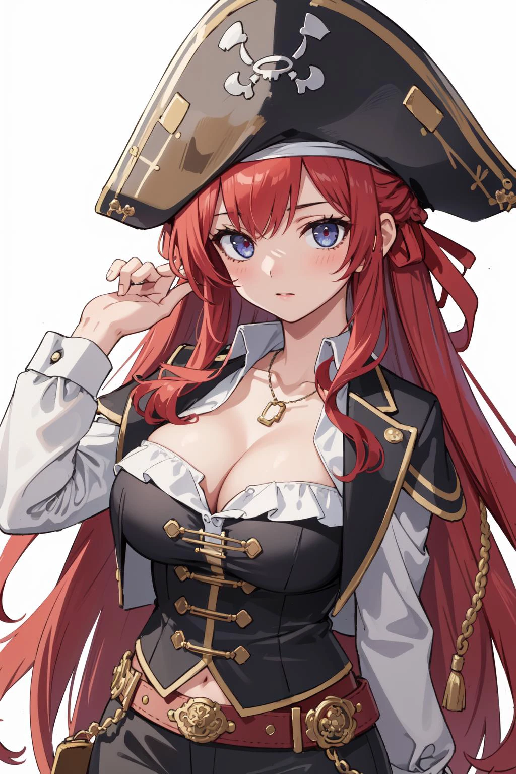 (masterpiece, best quality), intricate details,
1girl, <lora:missfortuneV2:0.8> missfortune, long hair, red hair, pirate hat, pirate outfit, white shirt, cleavage, large breasts,